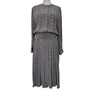 Vtg 80s Albert Nipon 100% Silk Geometric Print Blouson Pleated Dress 14 Belted